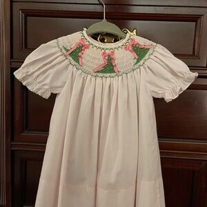 Precious Pink Smocked Christmas Dress w/ Christmas Trees & Bows